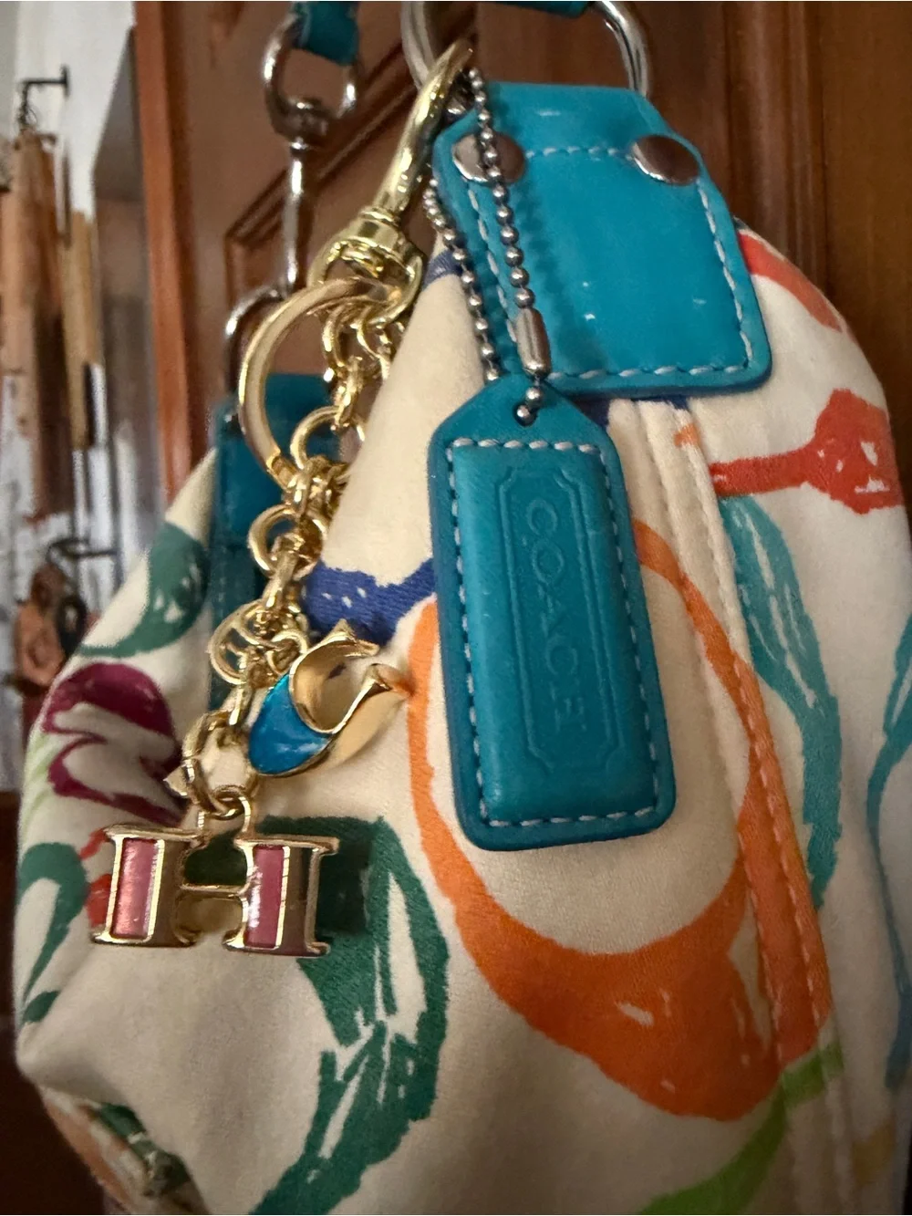 Coach Multicolor Canvas Shoulder Bag with Teal Trim